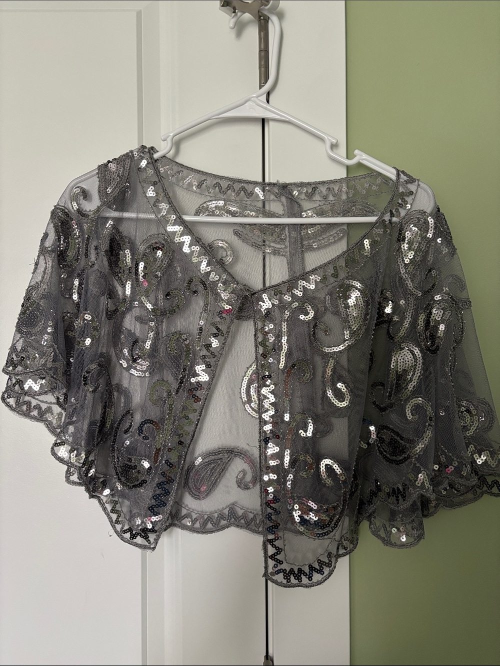 Silver Sequin Mesh Capelet Top